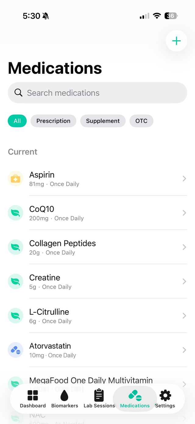 LabVault medications list with prescriptions, supplements and OTC filters