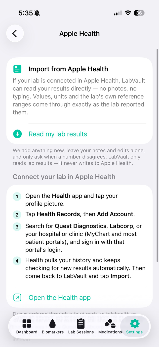LabVault Apple Health import screen: read my lab results, and steps to connect Quest, Labcorp or MyChart in the Health app